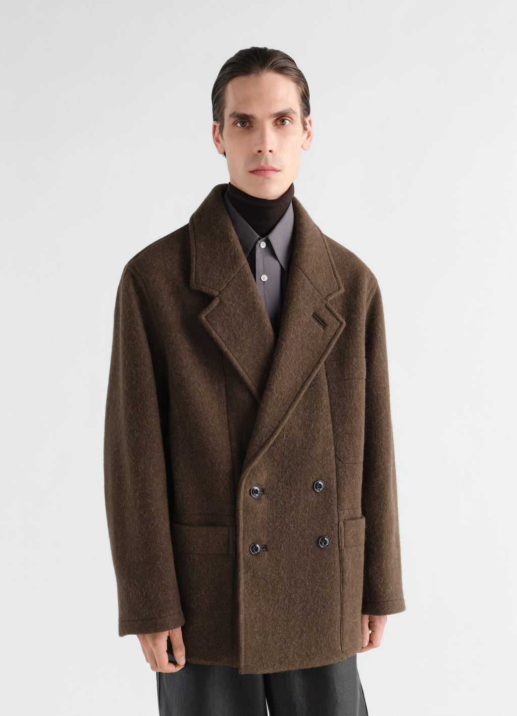 SHORT DOUBLE-BREASTED COAT IN FELTED WOOL ALPACA