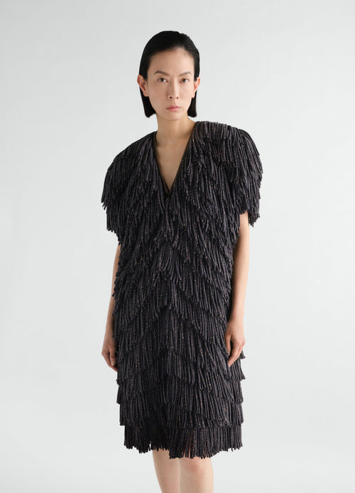 FRINGED DRESS IN SNAKE PRINTED DRY SILK