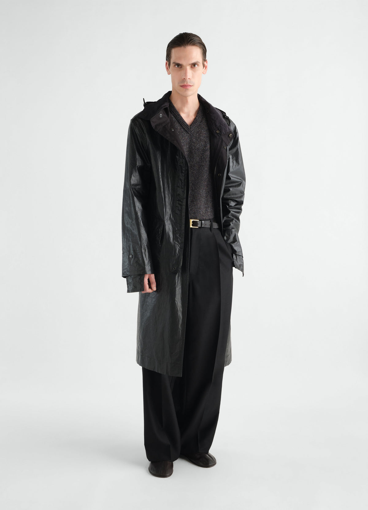 LONG RAINCOAT IN RUBBERIZED COTTON LINEN