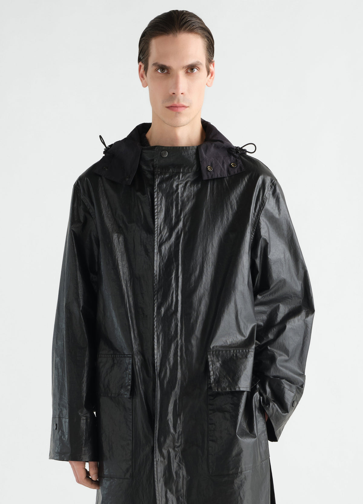 LONG RAINCOAT IN RUBBERIZED COTTON LINEN