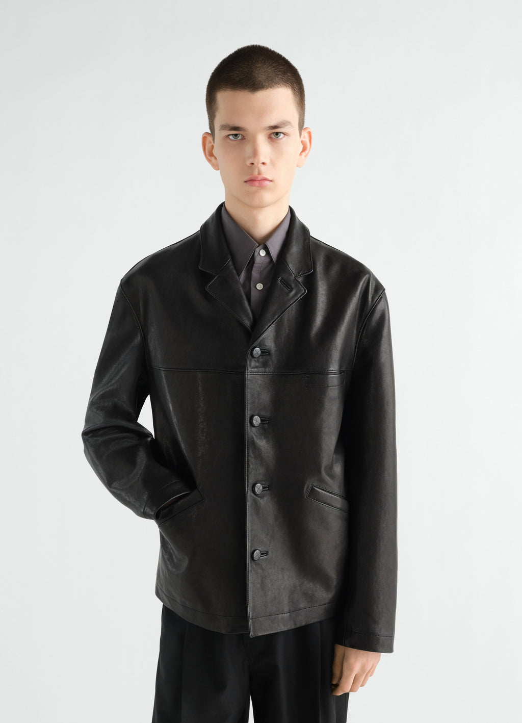LEATHER SINGLE BREASTED JACKET IN GRAINY LAMB